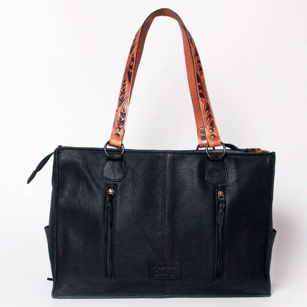 Southwestern Aztec Tote Bag with Hand-Tooled Leather and Fringe - Western Shoulder Purse