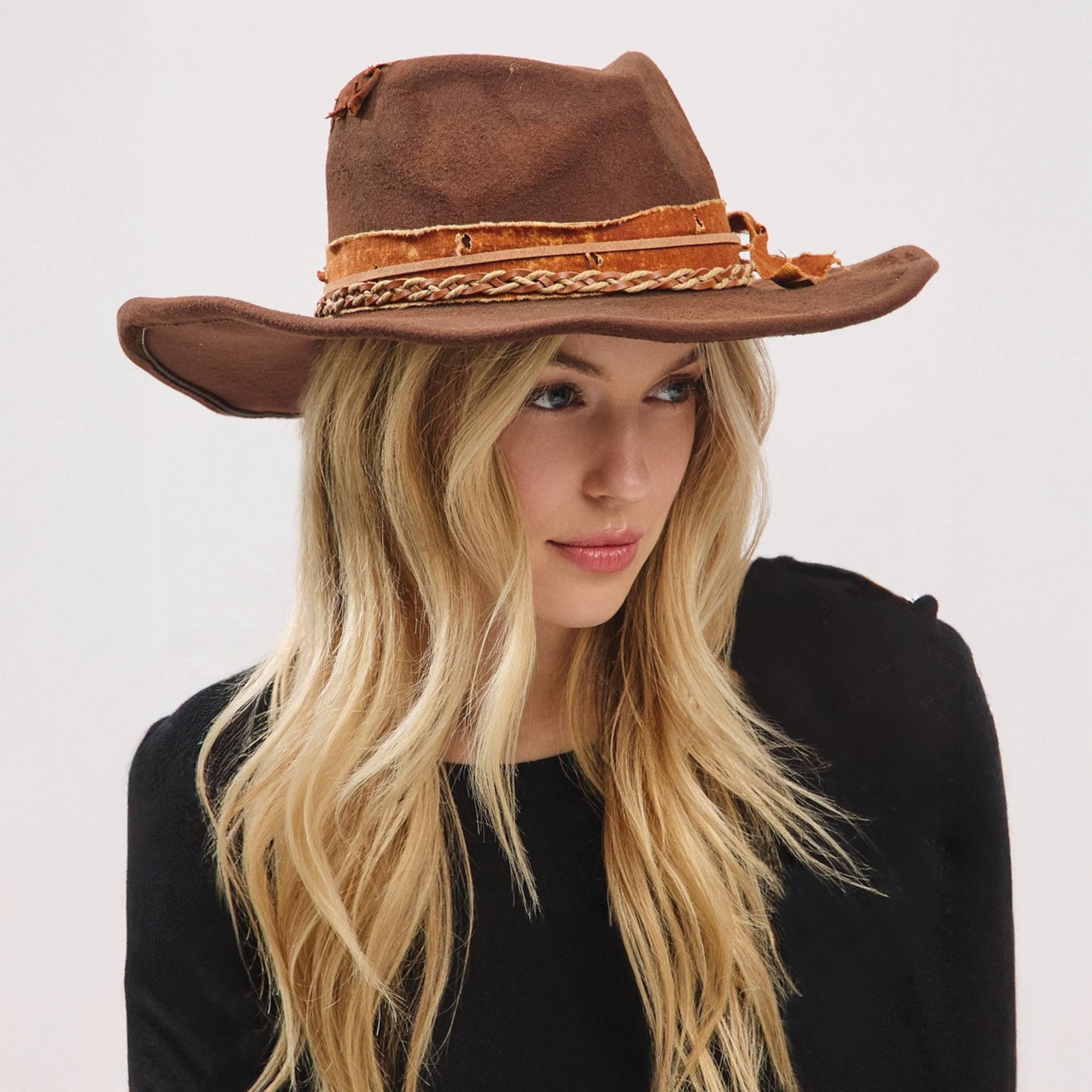 Distressed Band with Feather Cowgirl Fedora Hat