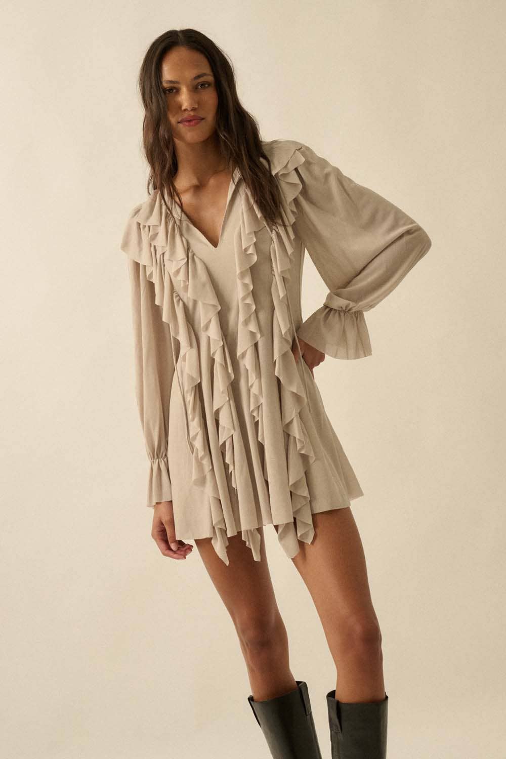 Cascade Ruffles Trumpet-Sleeve Knit Romper