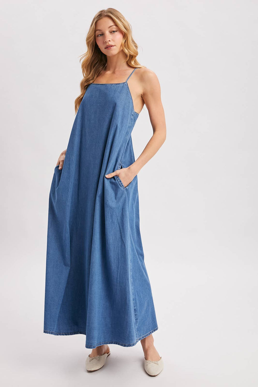 DENIM OPEN BACK SLEEVELESS MAXI DRESS