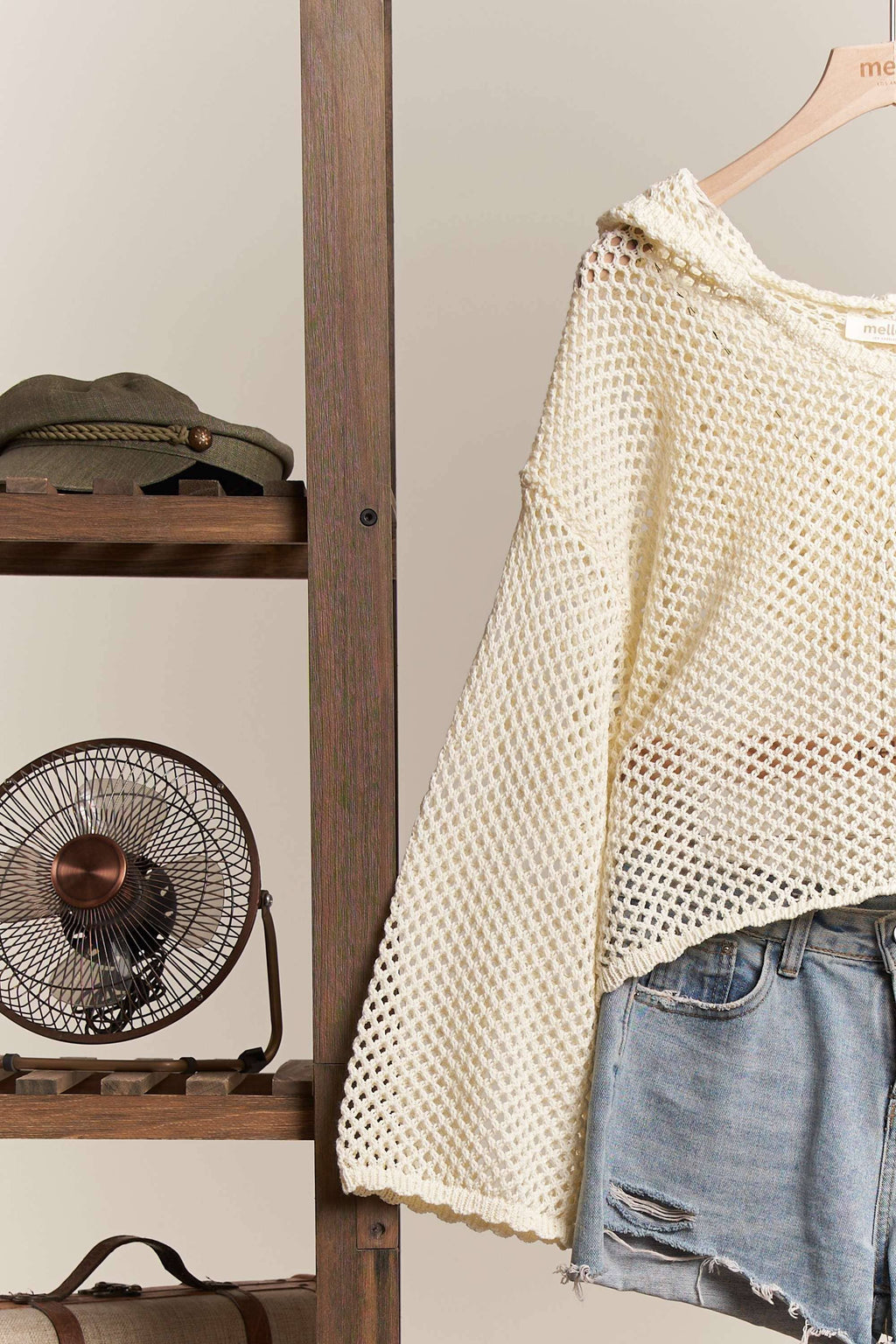 Hooded Wide V Neck Crochet Sweater