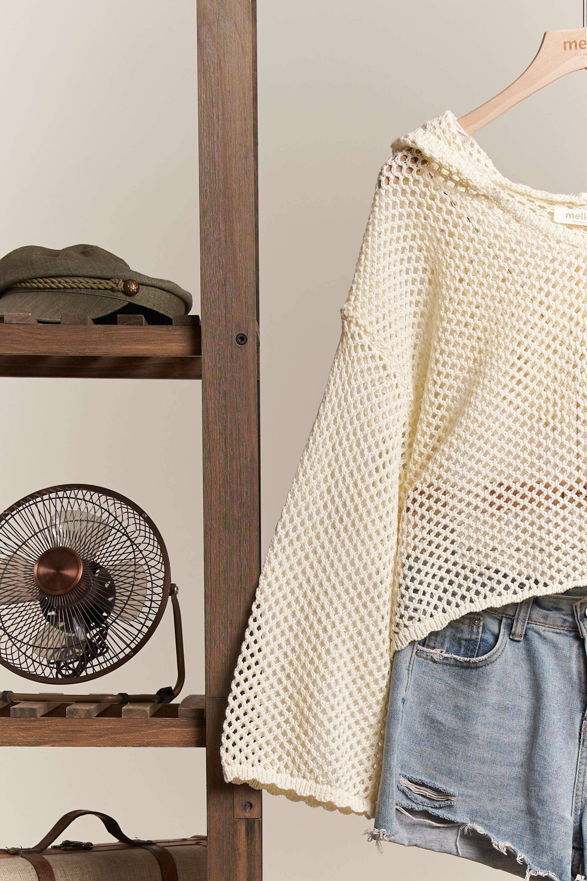 Hooded Wide V Neck Crochet Sweater