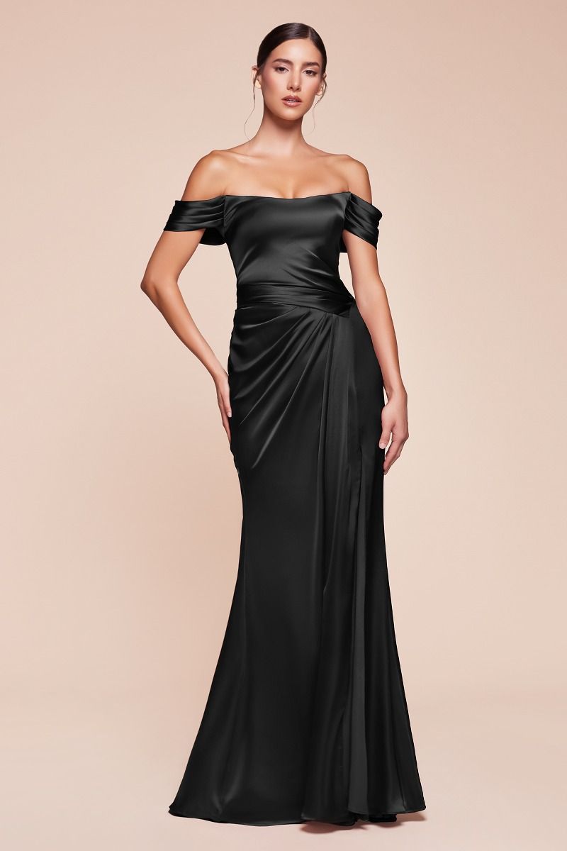 Radiant Sophisticated Off-Shoulder Satin Draped High Slit Gown for Gala - CD7452
