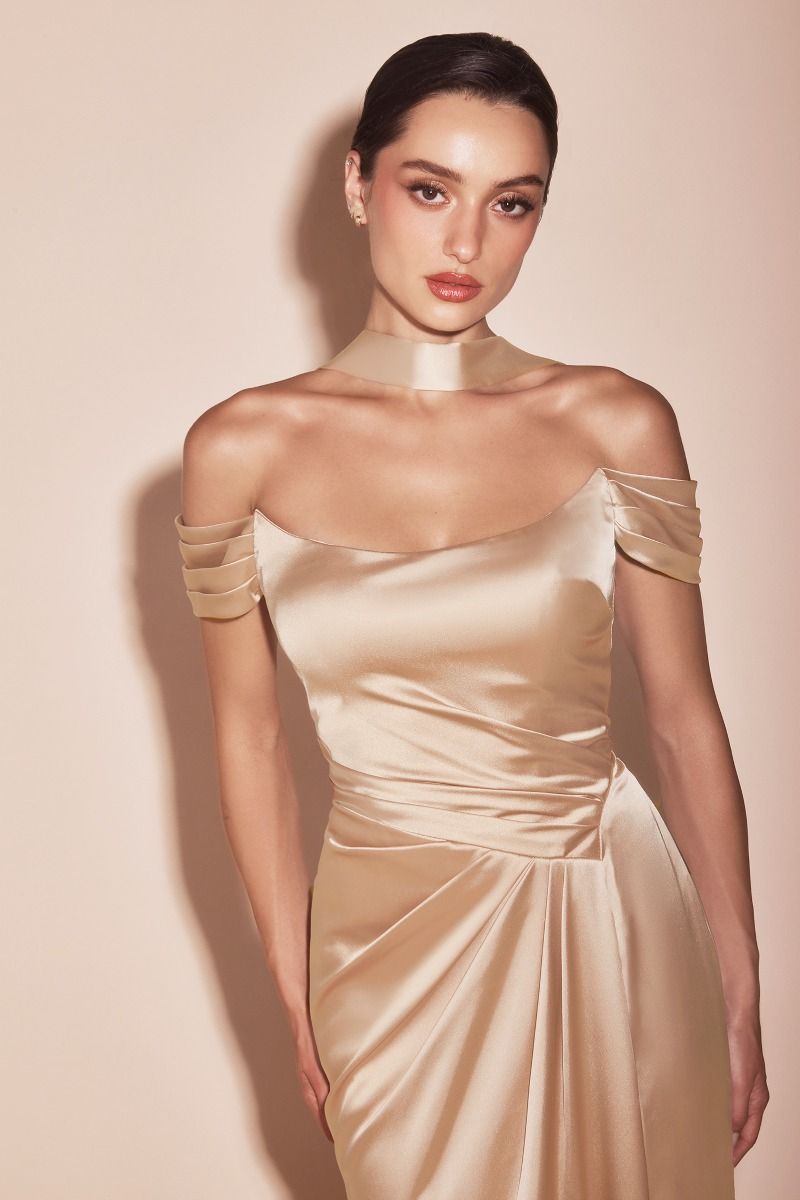 Radiant Sophisticated Off-Shoulder Satin Draped High Slit Gown for Gala - CD7452