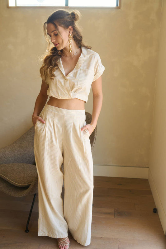 STRIPE HIGH WAIST PLEATED WIDE LEG PANTS