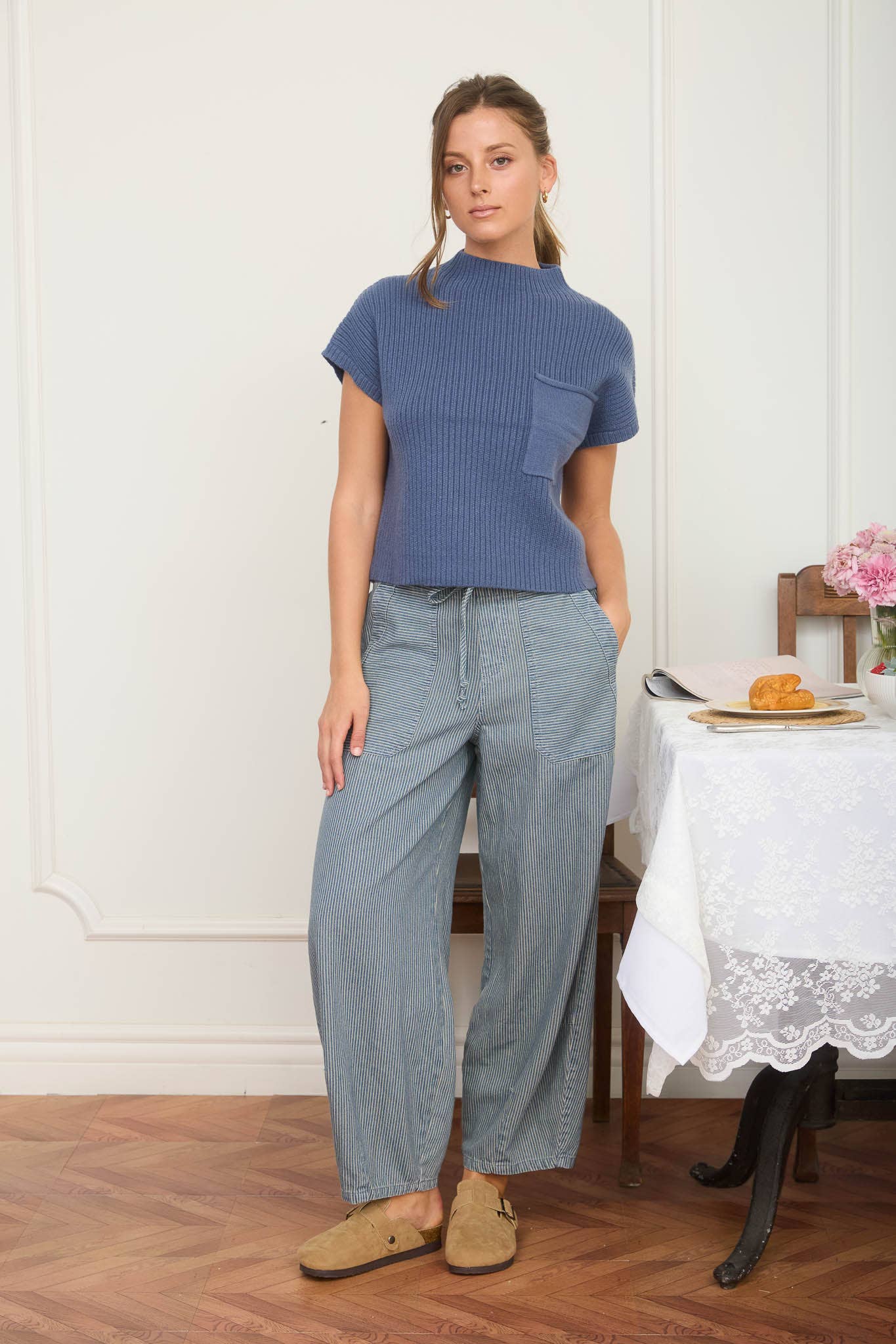 STRIPE DENIM WAIST TIE PARACHUTE PANTS