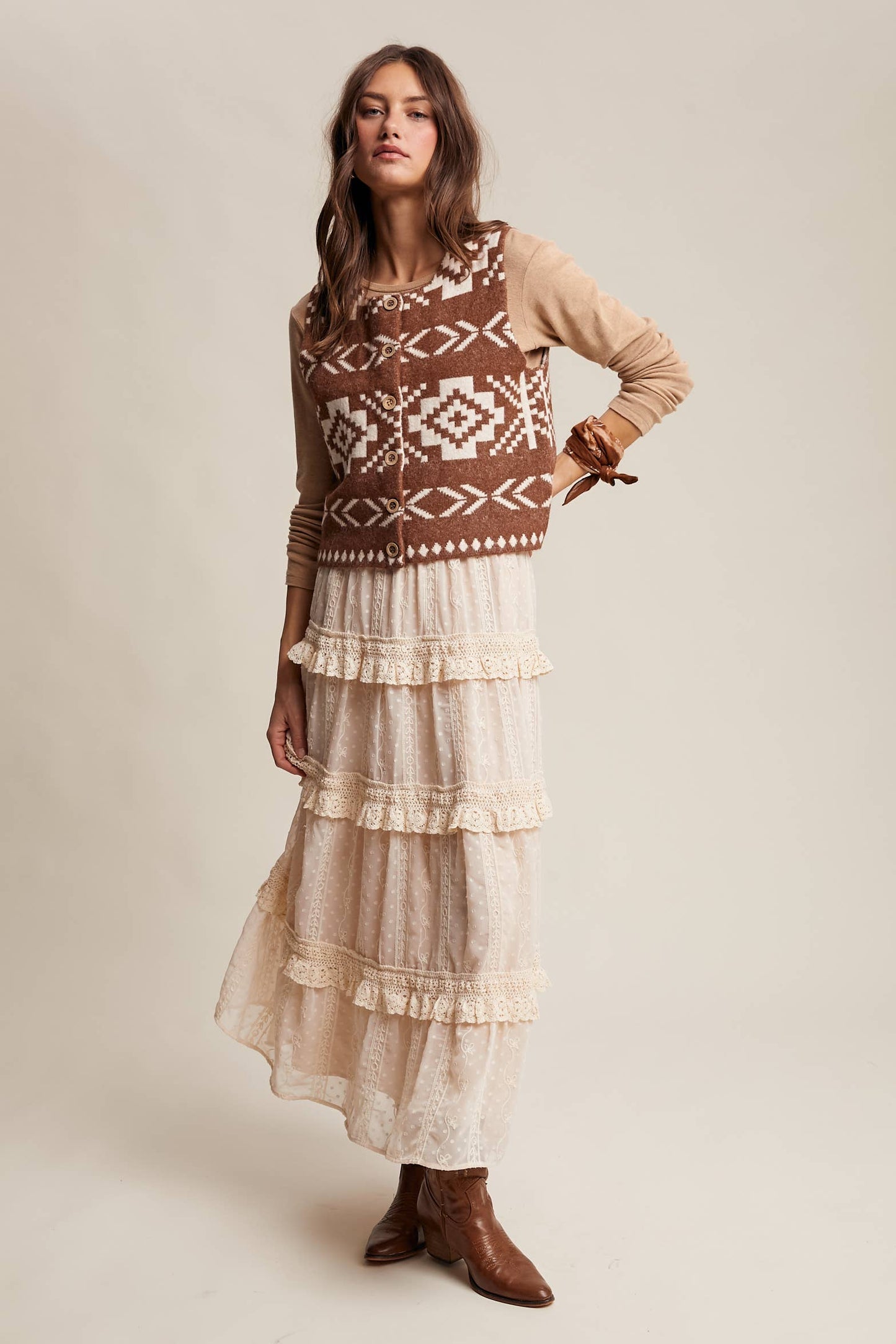 Listicle - Southwestern Button-Up Wool Vest: Amber Brown / M