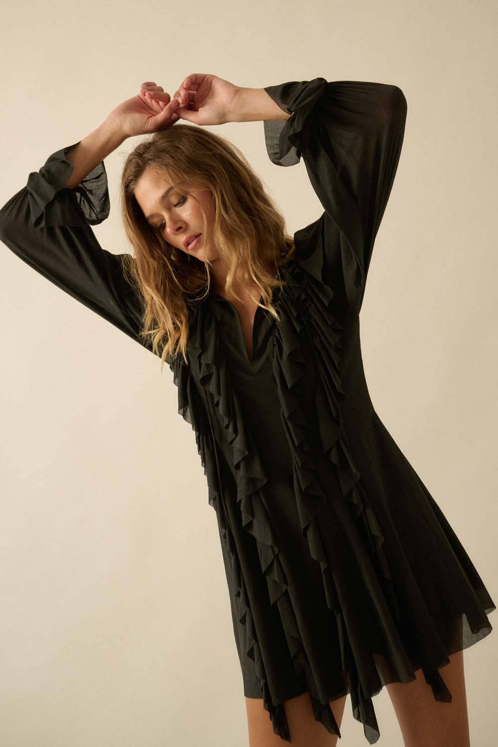 Cascade Ruffles Trumpet-Sleeve Knit Romper