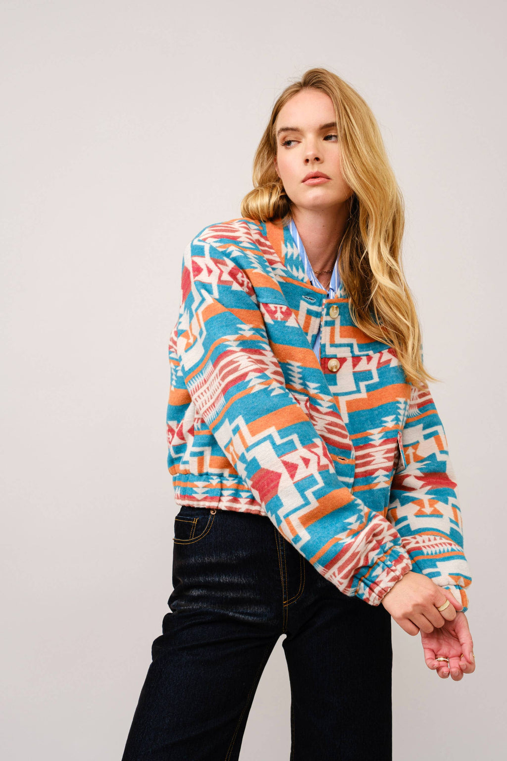 Jacquard Aztec Snap Up Bomber Jacket: