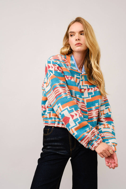 Jacquard Aztec Snap Up Bomber Jacket: