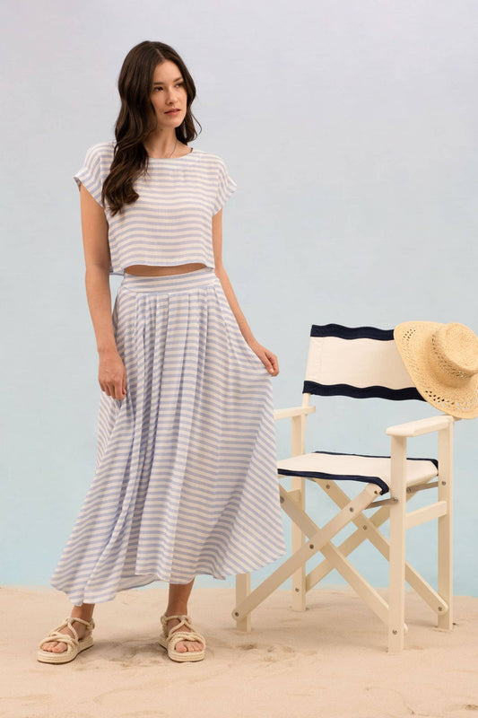 STRIPE HIGH WAIST PLEATED MIDI SKIRT: BLUE