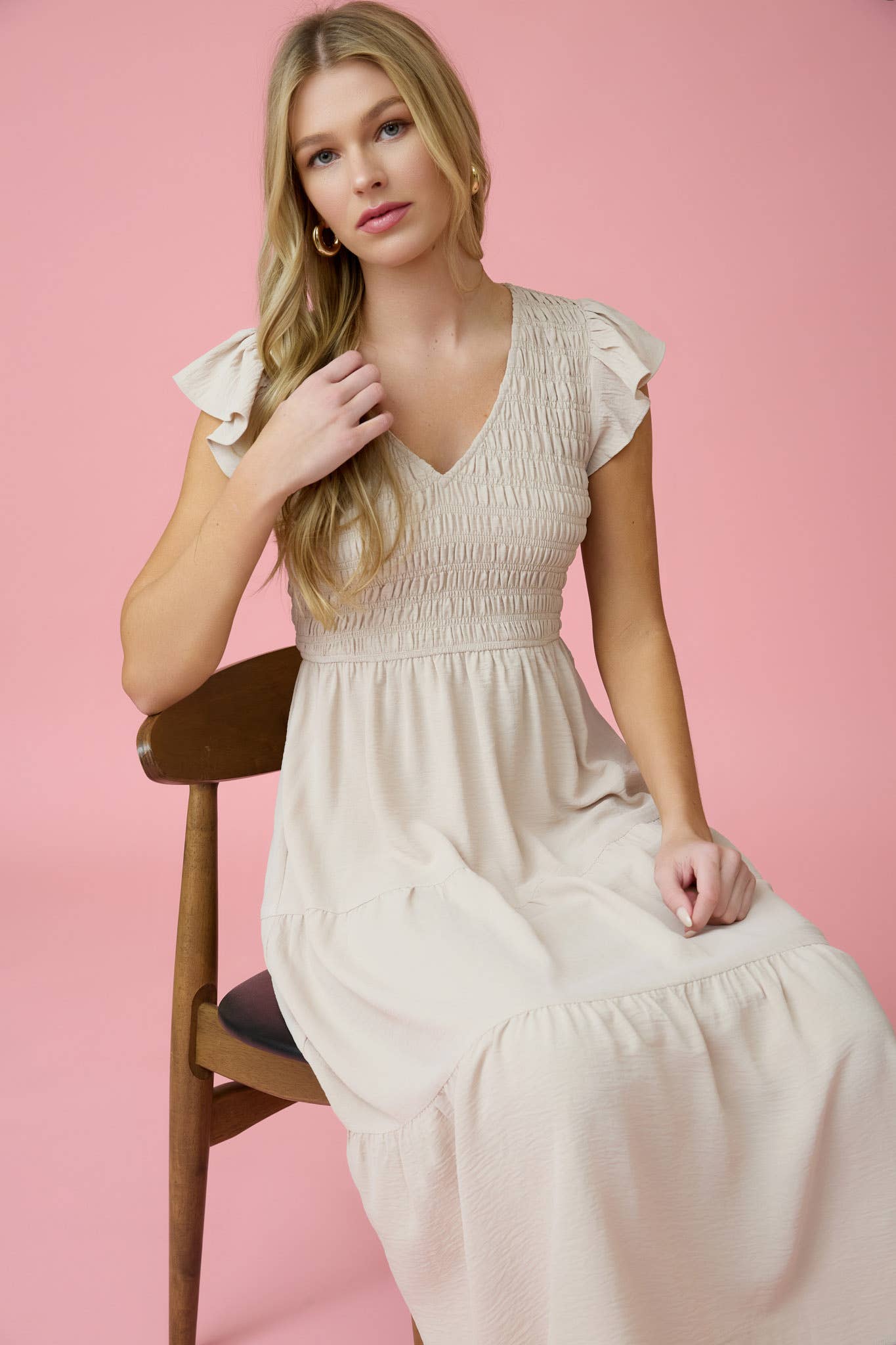 FLUTTER SLEEVE MAXI DRESS: IVORY