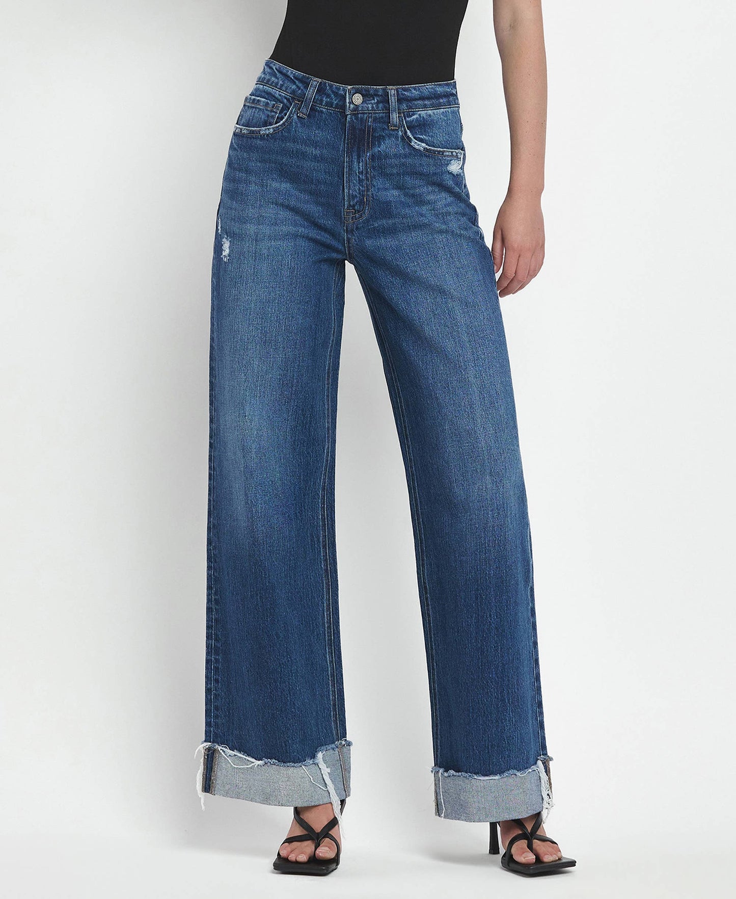 VERVET by FLYING MONKEY - SUPER HIGH RISE CUFFED BAGGY WIDE LEG JEANS T6614