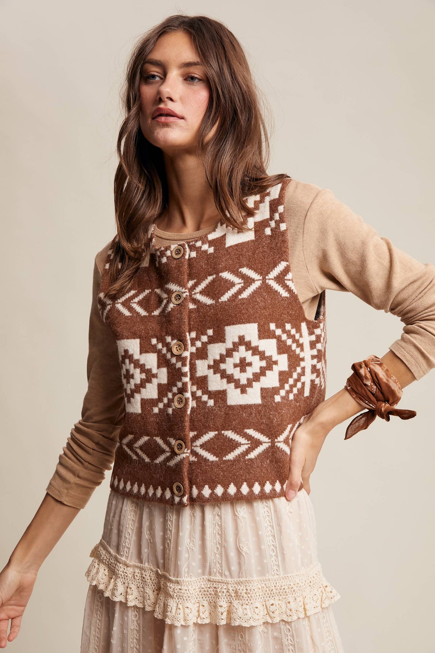 Listicle - Southwestern Button-Up Wool Vest: Amber Brown / M