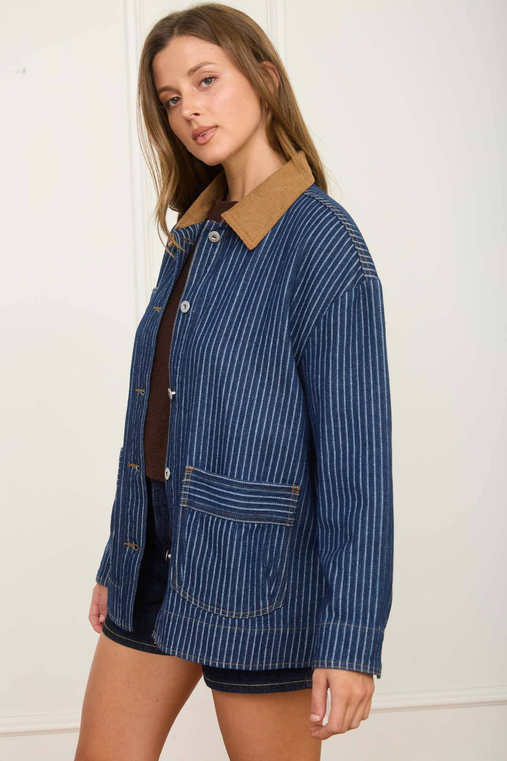 STRIPE CORDUROY COLLAR DENIM SHACKET