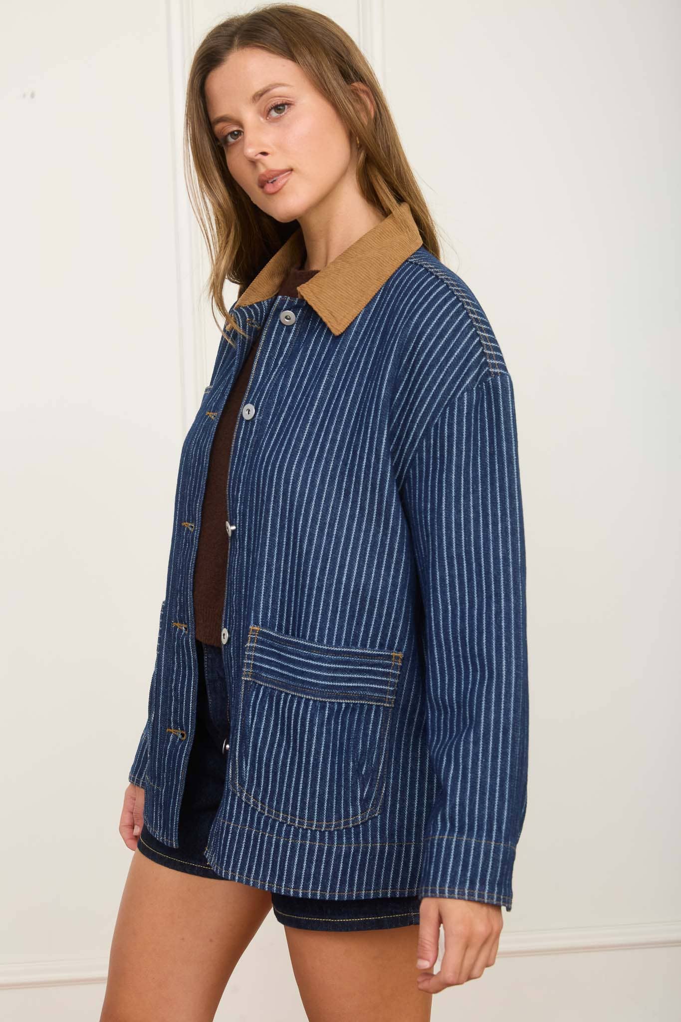 STRIPE CORDUROY COLLAR DENIM SHACKET