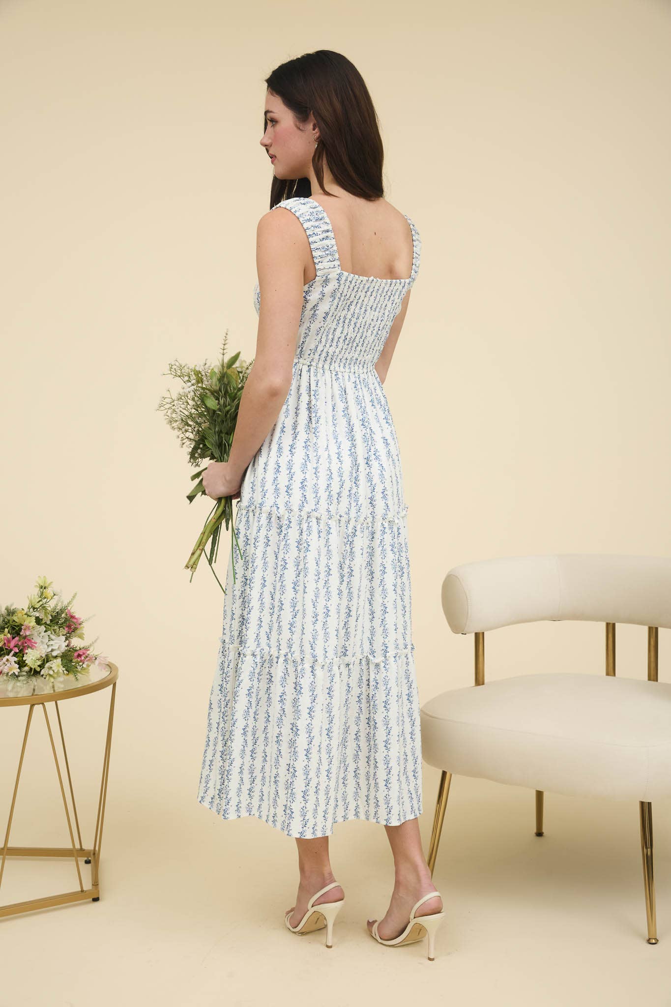 FLORAL STRIPE RUFFLE DETAIL MAXI DRESS: BLUE MULTI