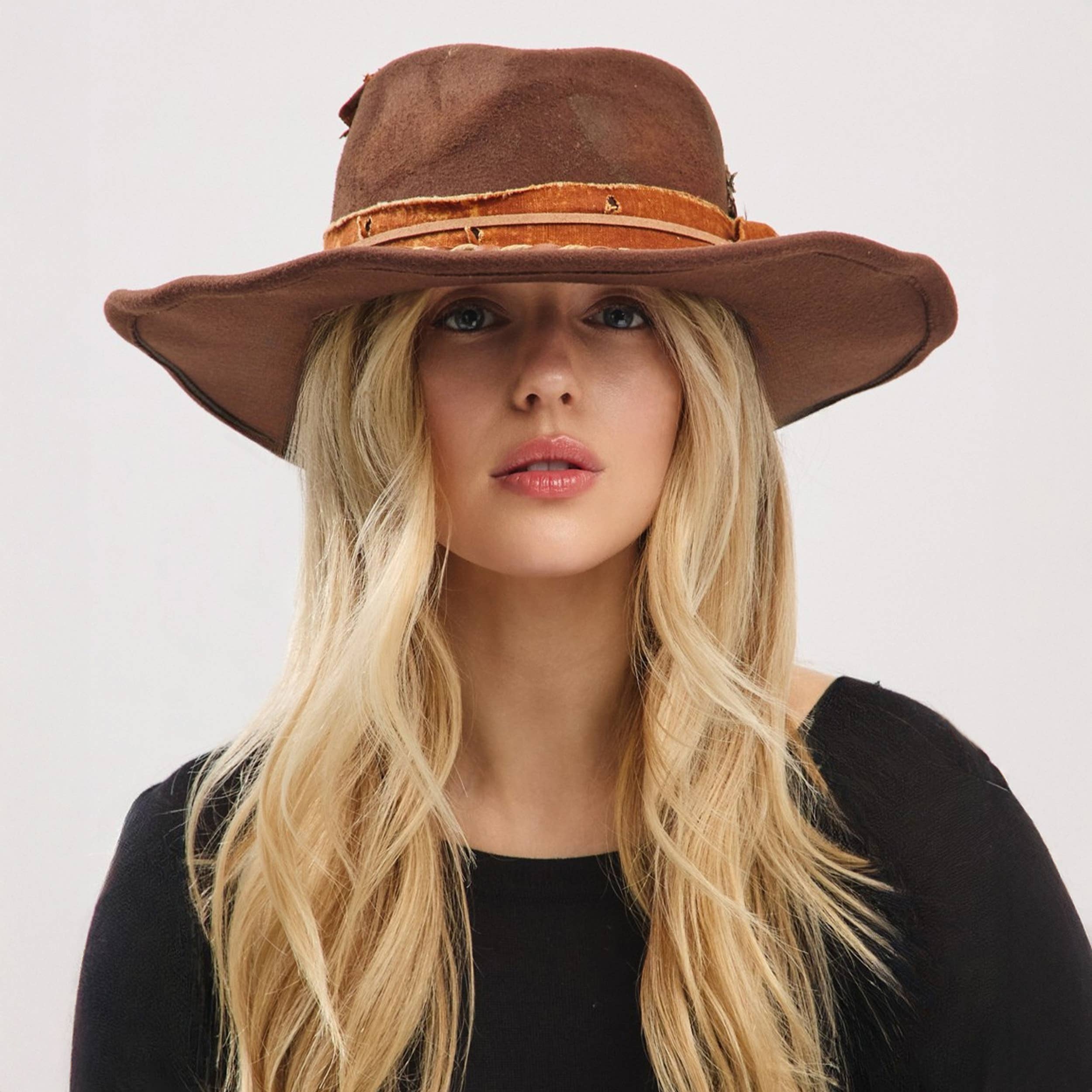Distressed Band with Feather Cowgirl Fedora Hat