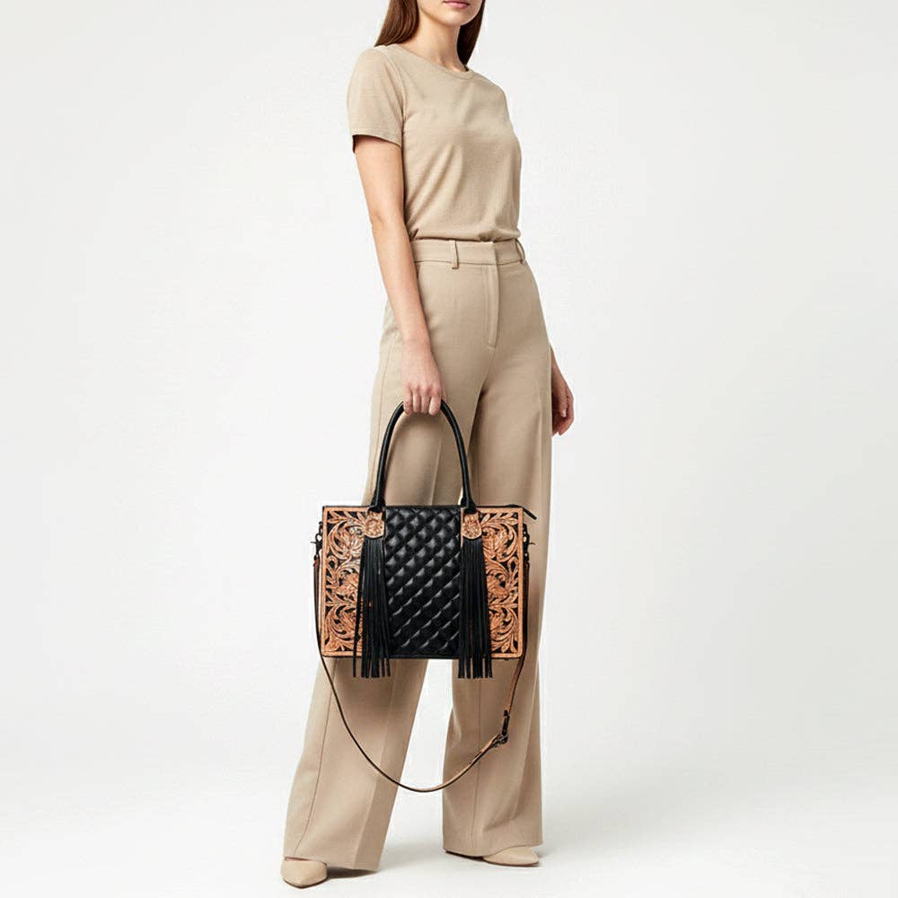 Cowhide & Hand-Tooled Leather Tote | Fringe Shoulder Bag