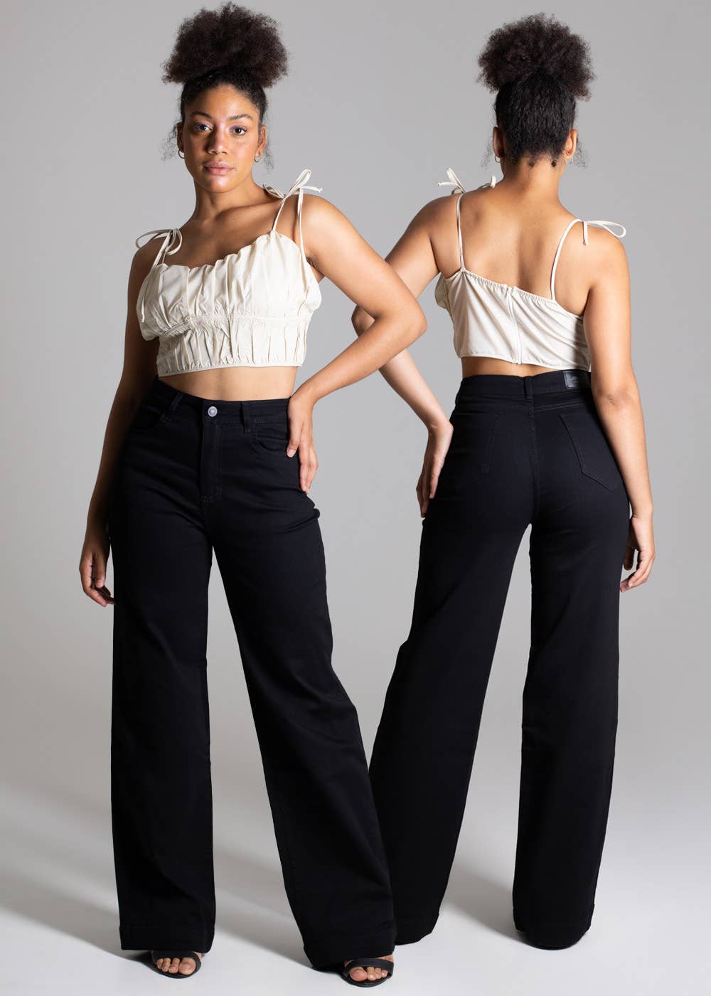 Sawary High-Waisted Wide Leg Twill Women's Pants in Black