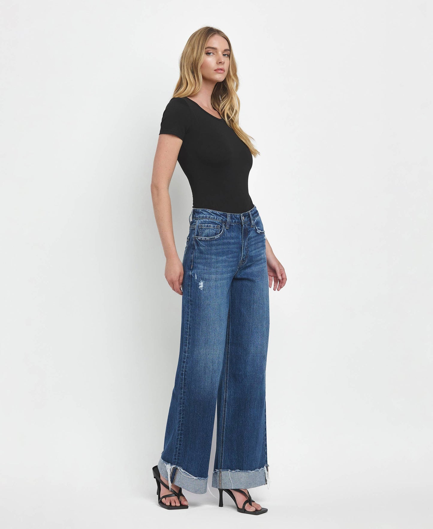 VERVET by FLYING MONKEY - SUPER HIGH RISE CUFFED BAGGY WIDE LEG JEANS T6614