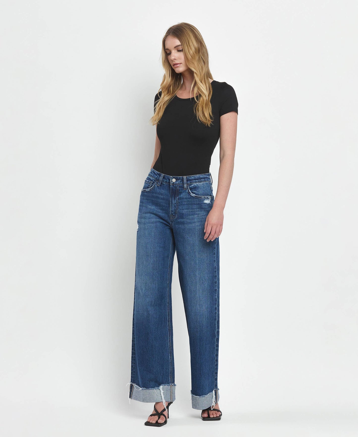 VERVET by FLYING MONKEY - SUPER HIGH RISE CUFFED BAGGY WIDE LEG JEANS T6614