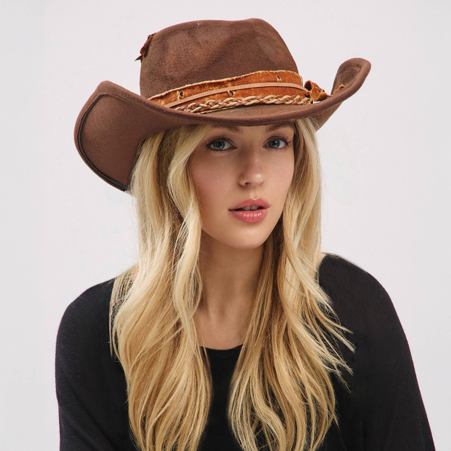 Distressed Band with Feather Cowgirl Fedora Hat
