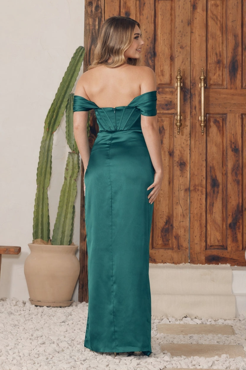 Off The Shoulder Sheath Graduation Satin Gown w/ Straight Across Neckline & Corset Bodice NXR1236