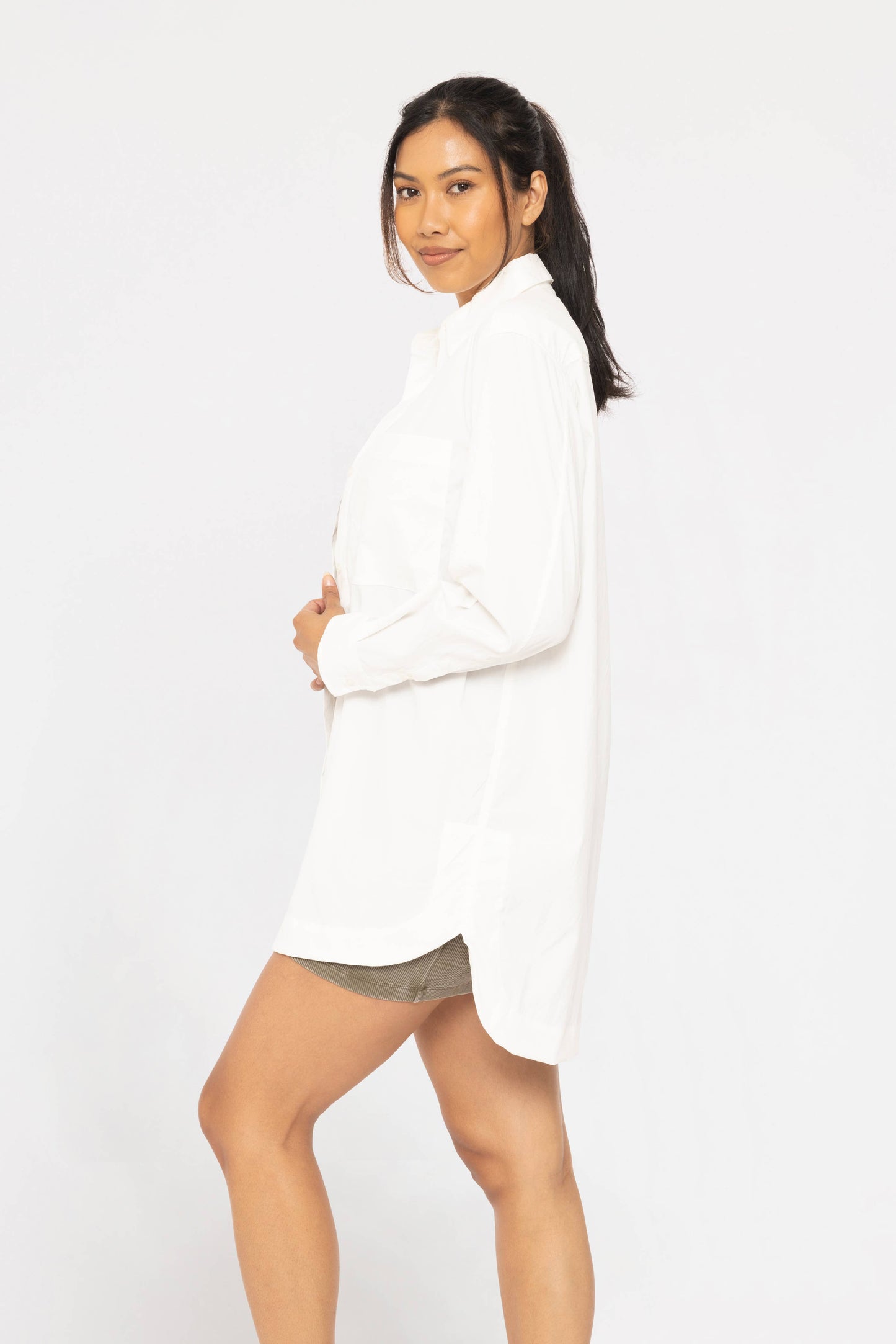 Mono B - Classic Oversized Button-Up Shirt: White