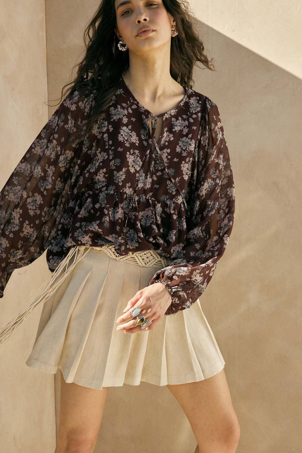 Floral Chiffon Tie-Neck Babydoll Peasant Top