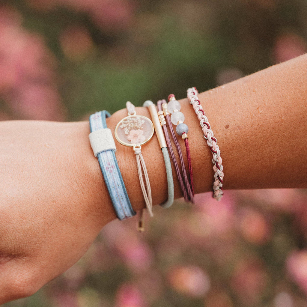 K'lani hair tie bracelets - "Bloom" Maroon and Pink with Pressed Flowers Hair Tie Bracelets