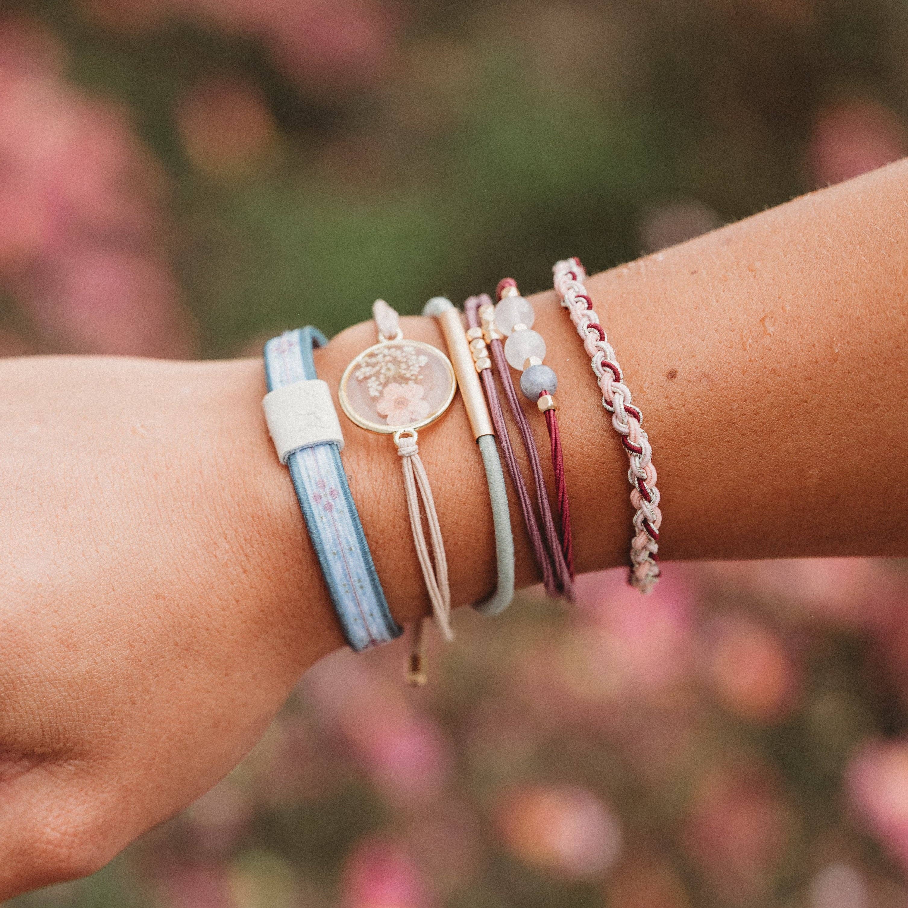 K'lani hair tie bracelets - "Bloom" Maroon and Pink with Pressed Flowers Hair Tie Bracelets