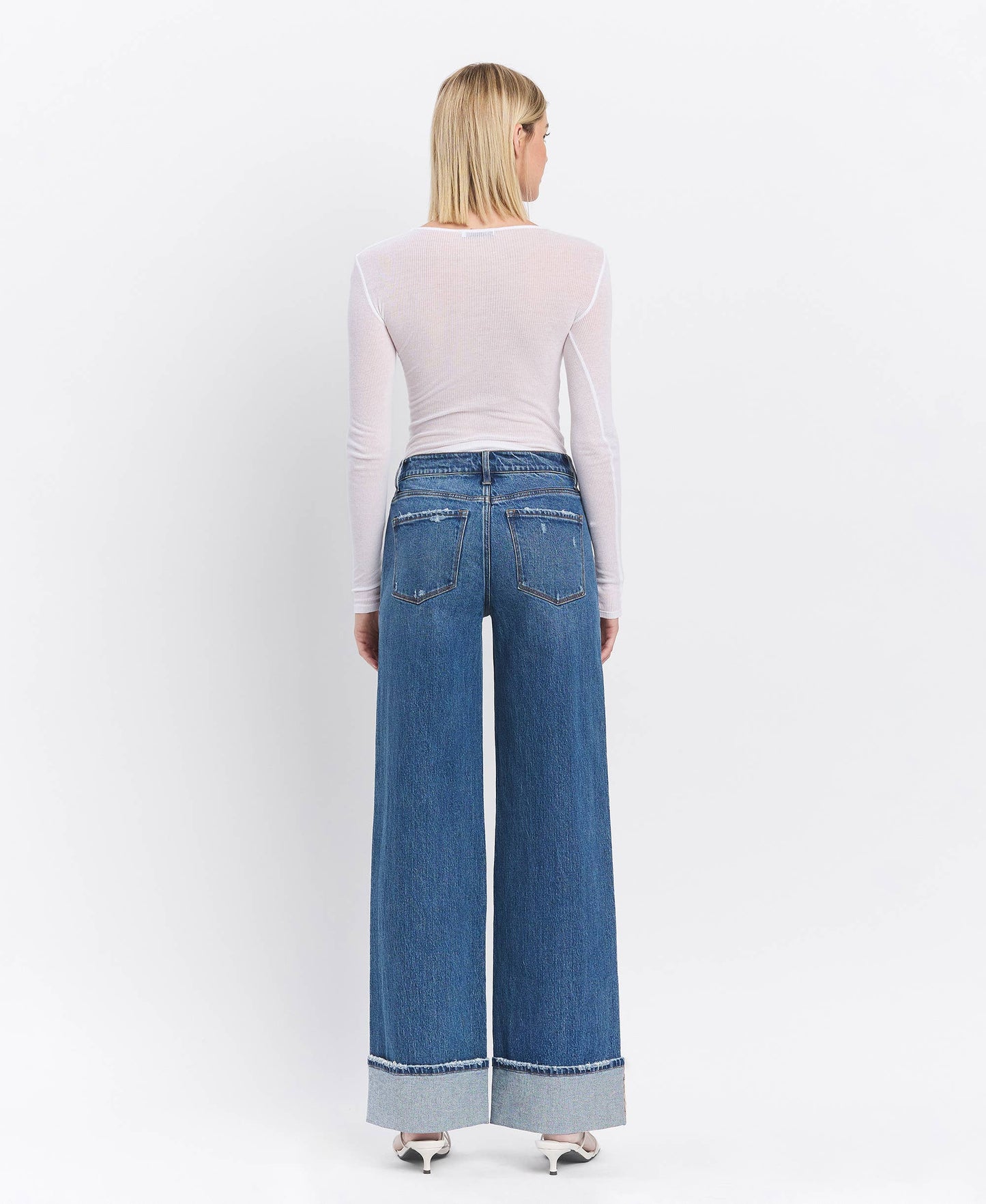 VERVET by FLYING MONKEY - HIGH RISE CUFFED PANEL BAGGY WIDE JEANS T6645
