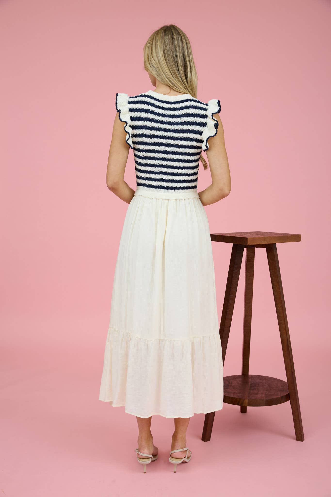 STRIPE SWEATER TOP MIXED MEDIA MIDI DRESS: NAVY