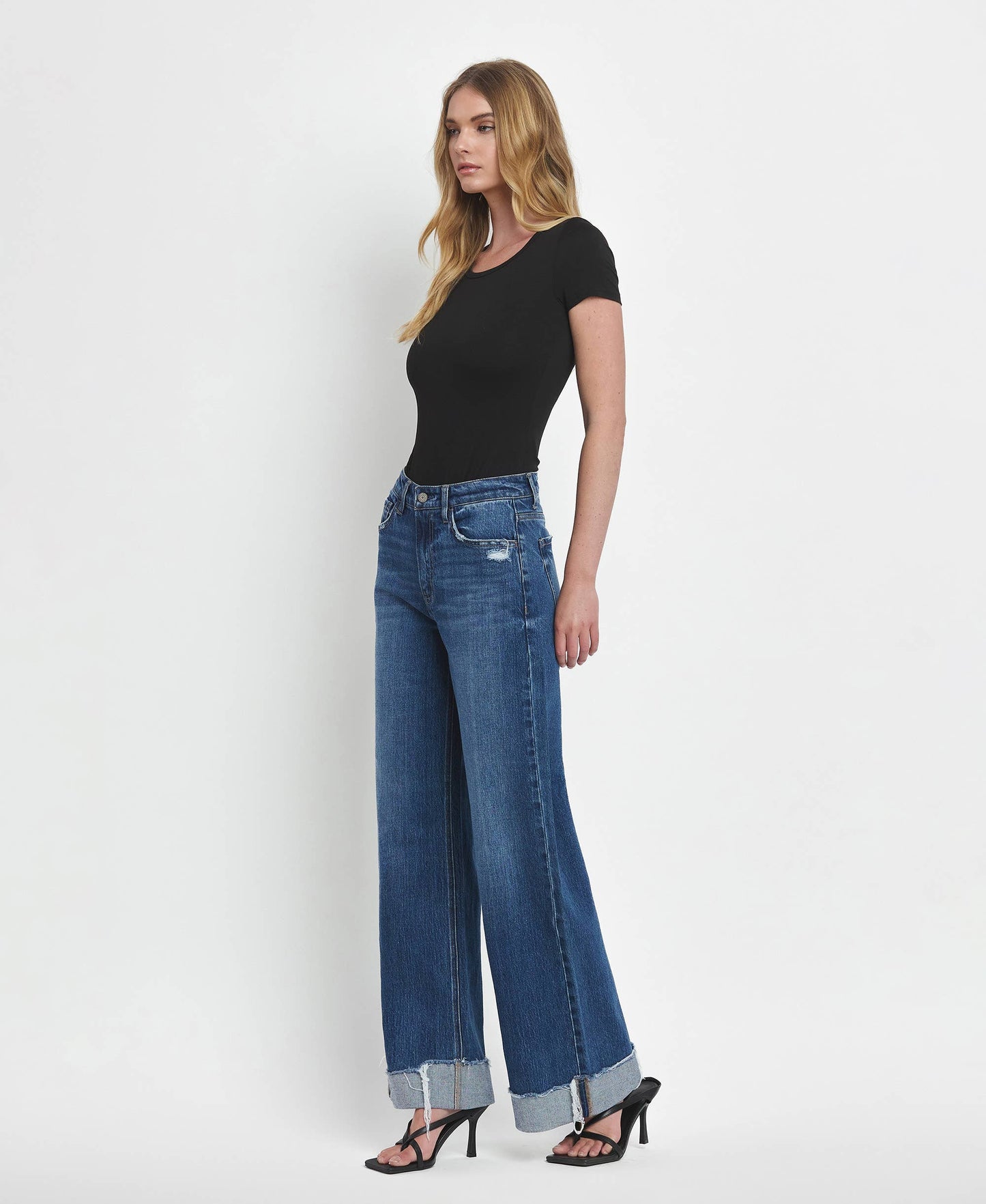 VERVET by FLYING MONKEY - SUPER HIGH RISE CUFFED BAGGY WIDE LEG JEANS T6614