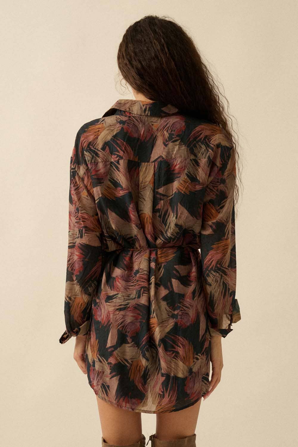 Abstract-Print Belted Button-Up Shirt Romper