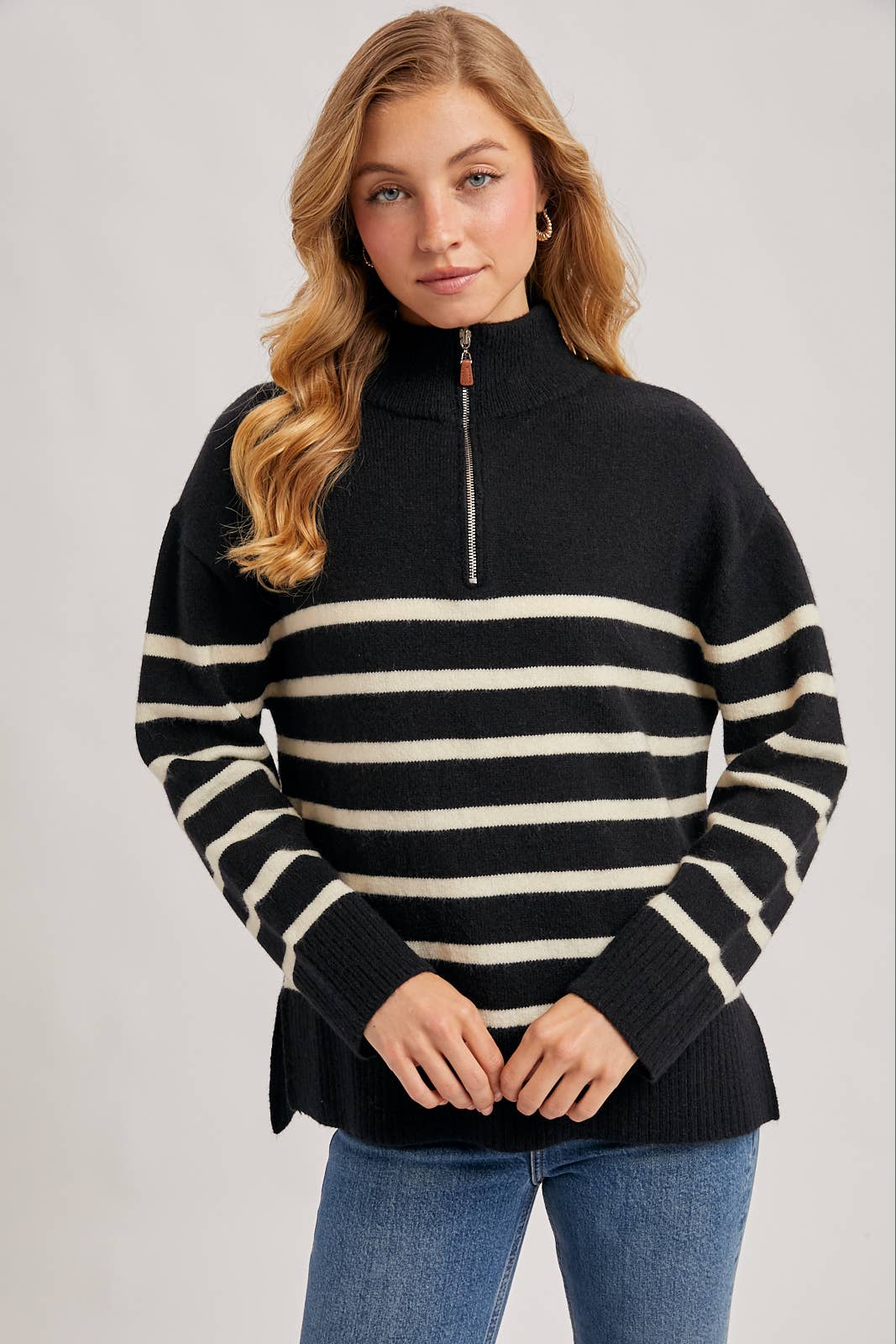 QUARTER ZIP UP STRIPE SWEATER PULLOVER