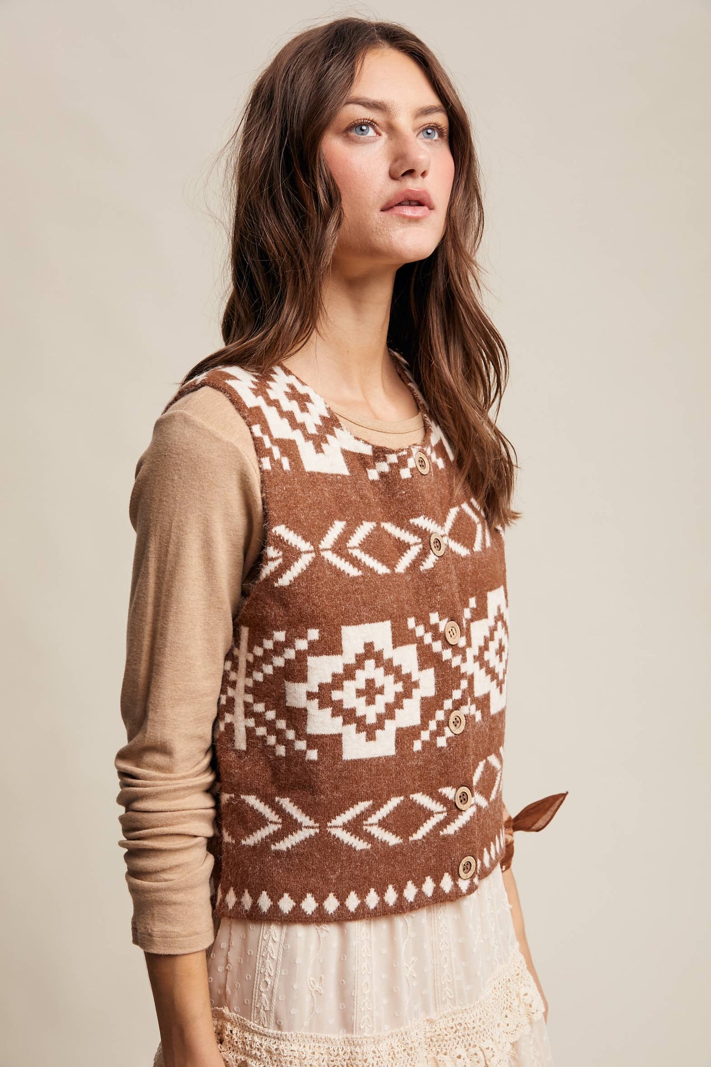 Listicle - Southwestern Button-Up Wool Vest: Amber Brown / M