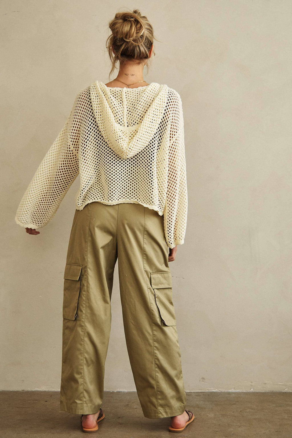 Hooded Wide V Neck Crochet Sweater