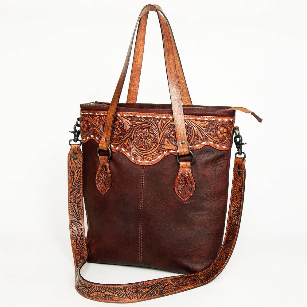 Hand-Tooled Full Leather Western Tote Bag - Wine Red with Floral Strap