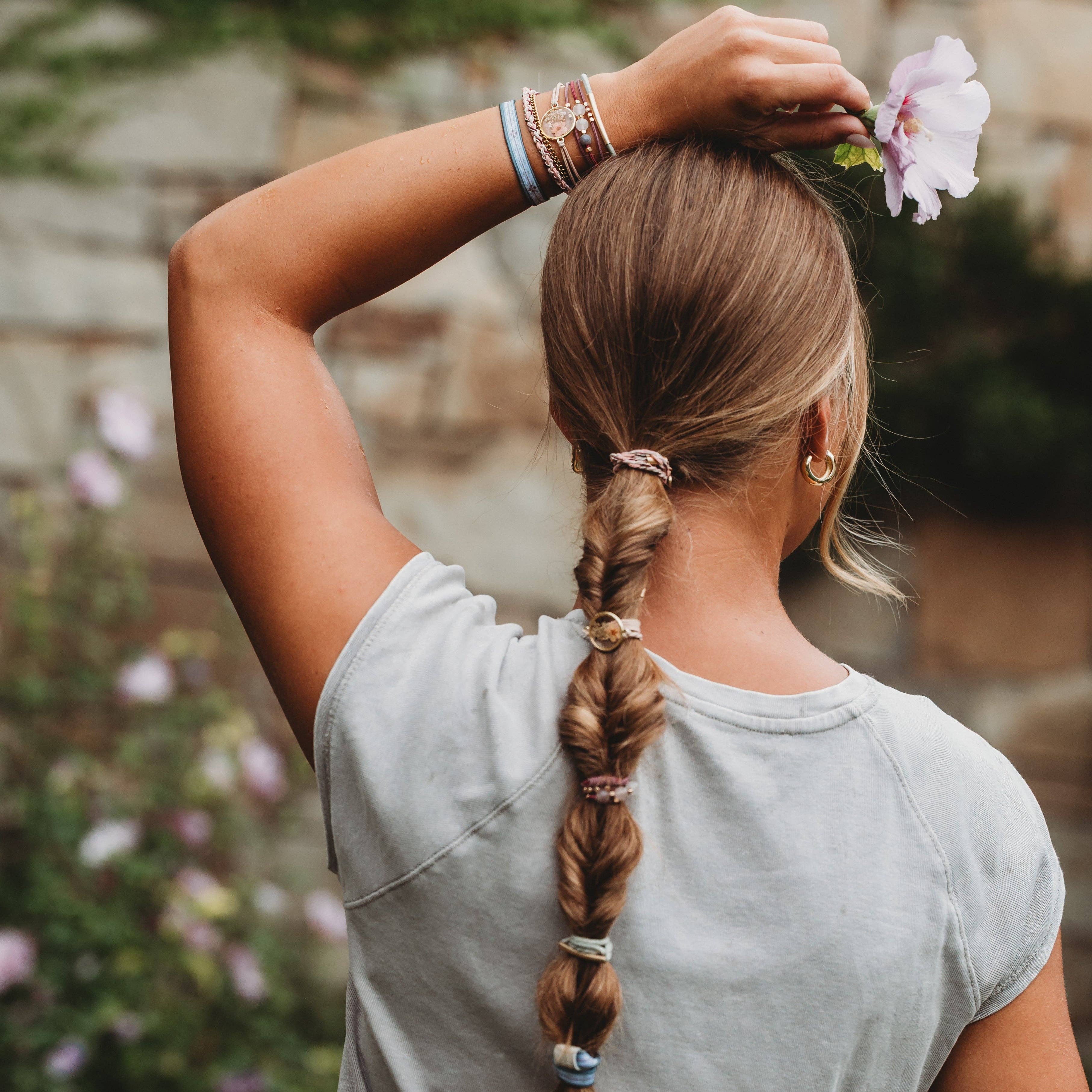K'lani hair tie bracelets - "Bloom" Maroon and Pink with Pressed Flowers Hair Tie Bracelets