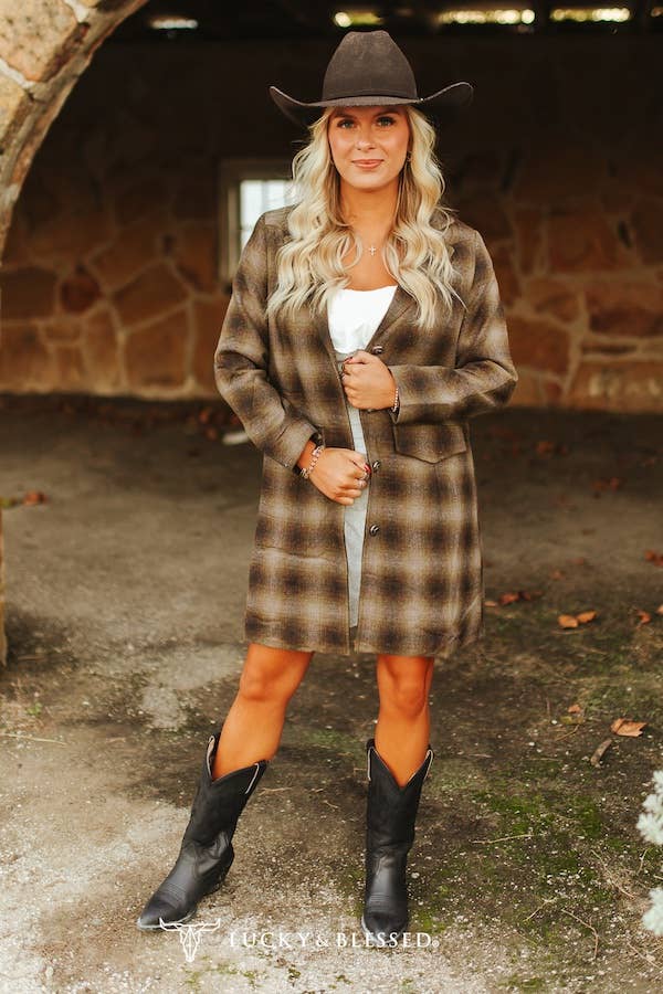 Brown Plaid Western Yoke Long Blazer W Quilt Lined