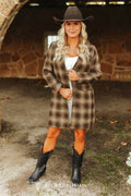 Brown Plaid Western Yoke Long Blazer W Quilt Lined