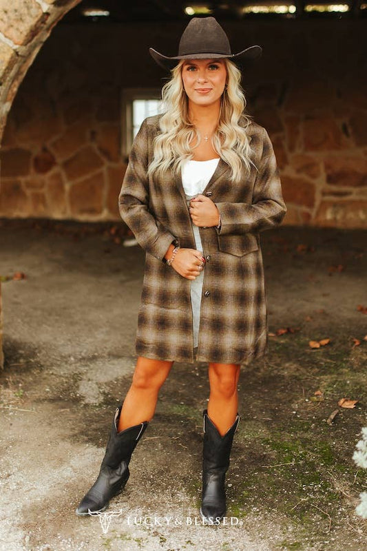 Brown Plaid Western Yoke Long Blazer W Quilt Lined