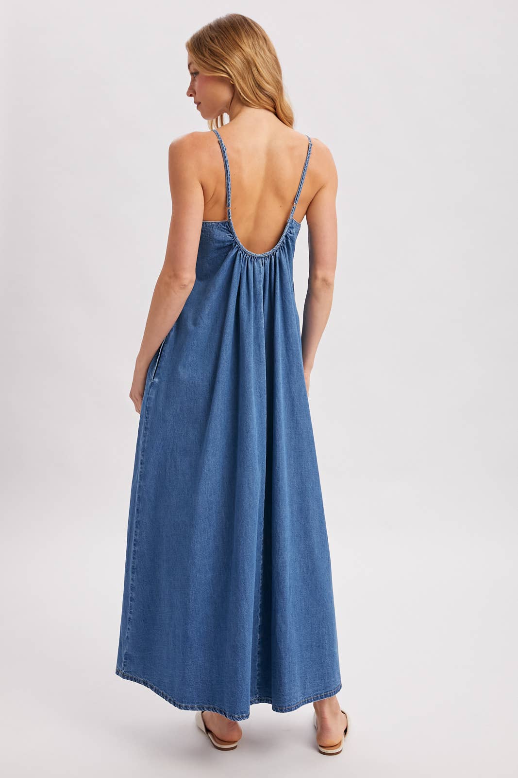 DENIM OPEN BACK SLEEVELESS MAXI DRESS