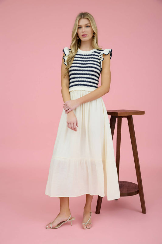 STRIPE SWEATER TOP MIXED MEDIA MIDI DRESS: NAVY