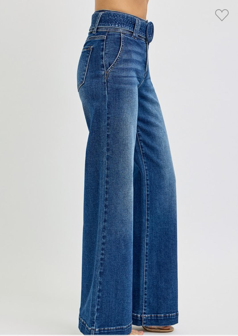 Tummy Control High Rise Wide Leg Self Belted Jeans