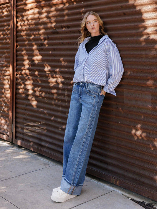 VERVET by FLYING MONKEY - HIGH RISE CUFFED PANEL BAGGY WIDE JEANS T6645