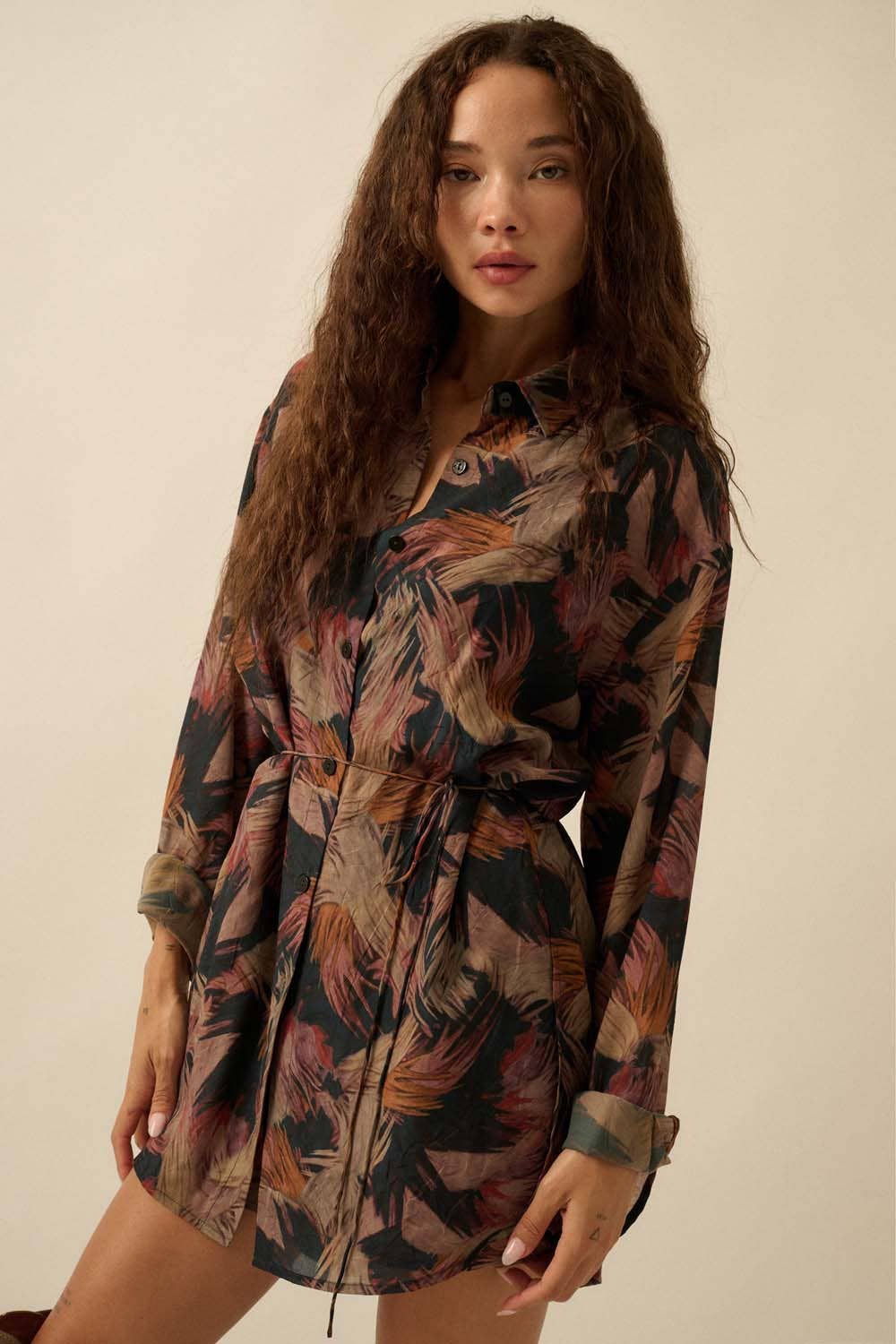 Abstract-Print Belted Button-Up Shirt Romper