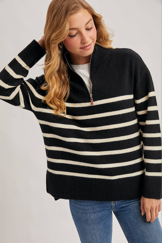 QUARTER ZIP UP STRIPE SWEATER PULLOVER